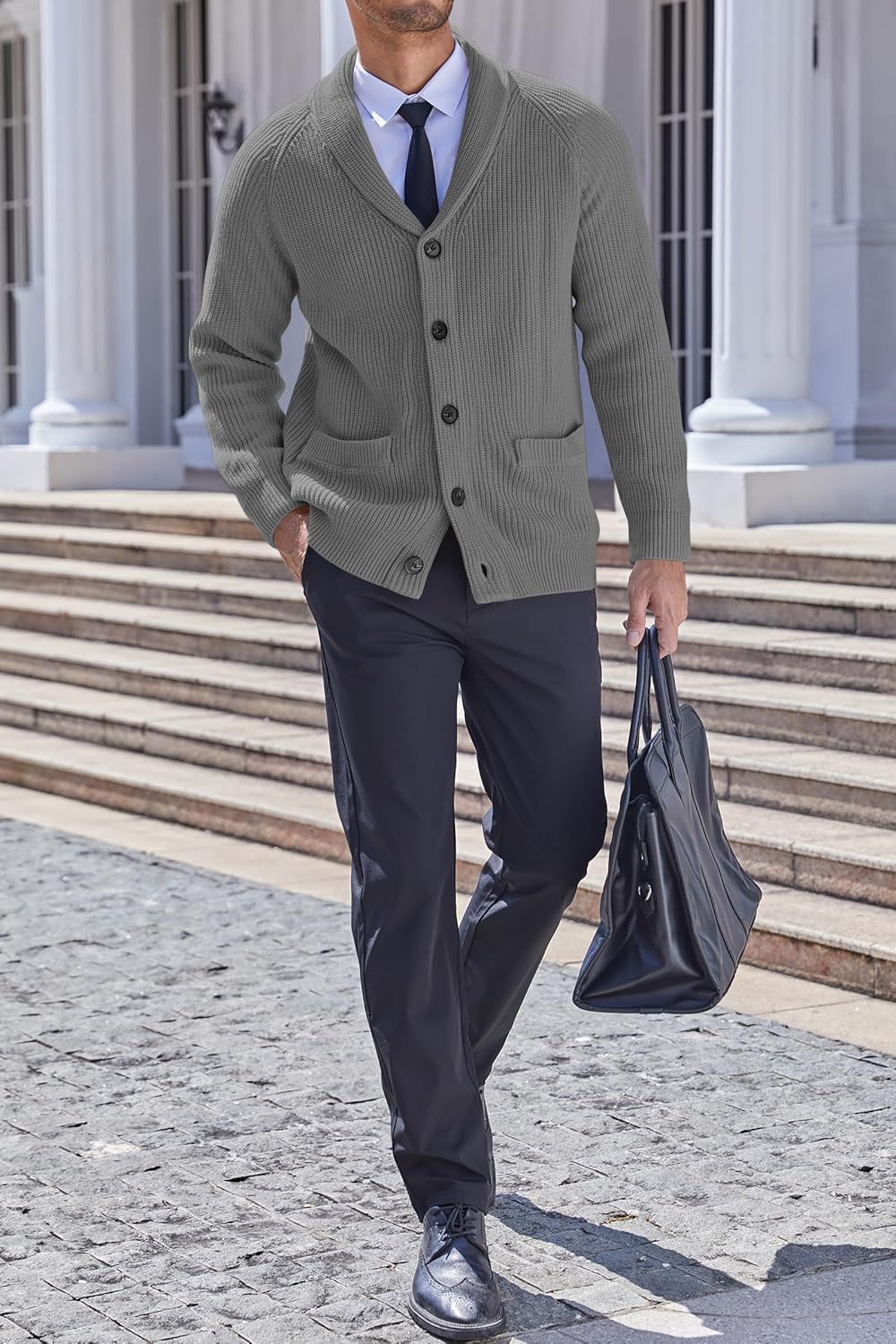 Karlywindow Mens Shawl Collar Cardigan Sweater Cable Knit Button Down Winter Chunky Sweater with Pockets - Image 4