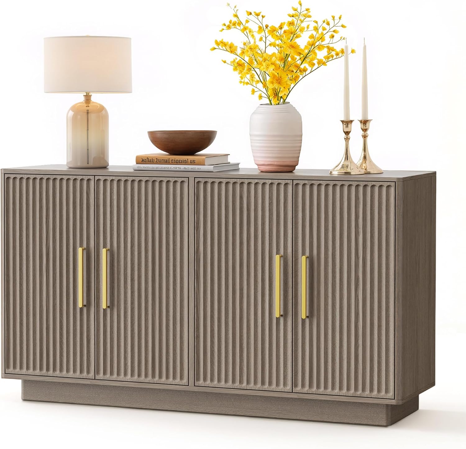PAPROOS 55" Modern Fluted Sideboard Buffet Cabinet, Space-Saving Storage Credenza for Home Coffee Bar, 4-Door Accent Furniture with Adjustable Shelves for Clutter-Free Living (Beige Gray)