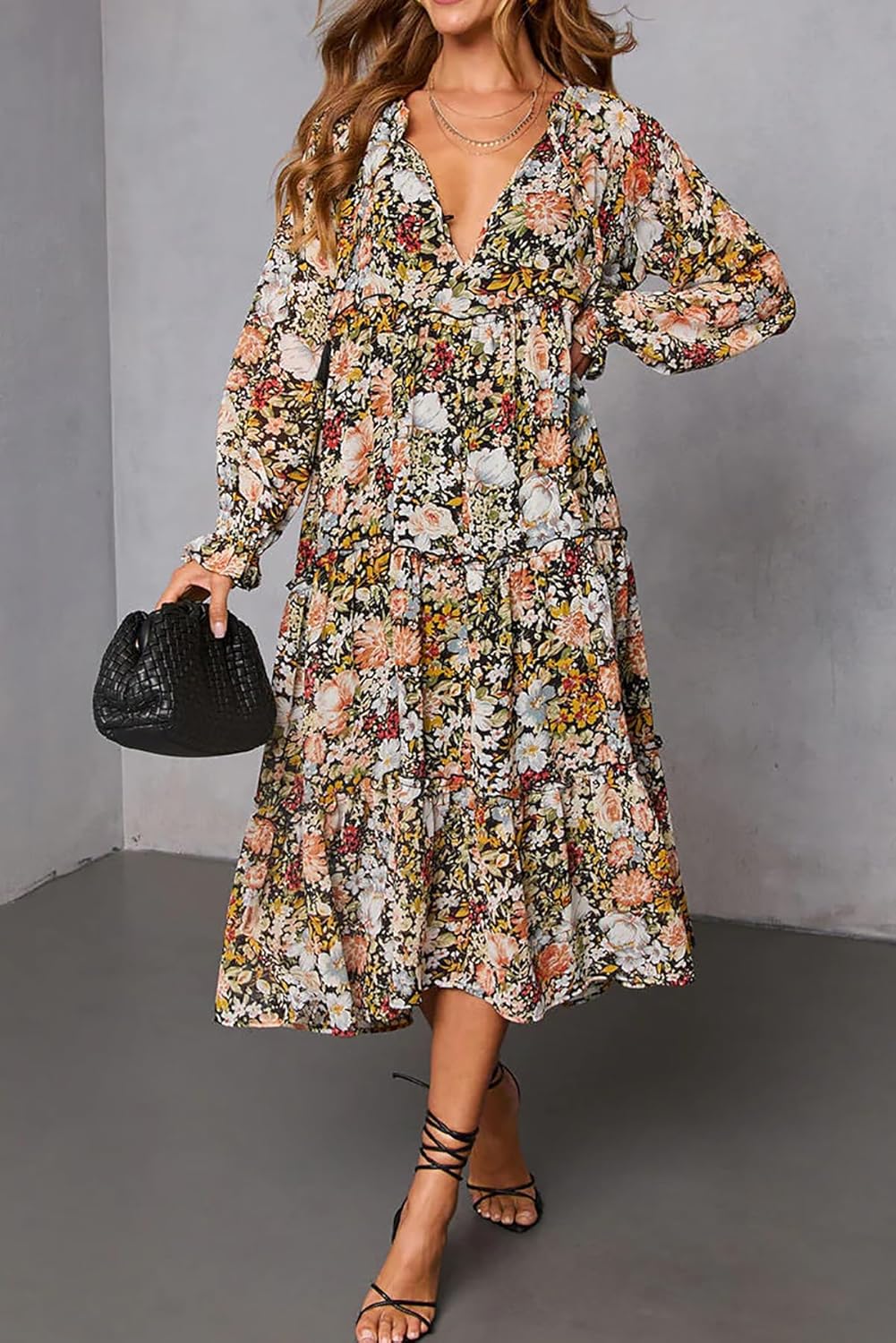 R.Vivimos Women's Fall Floral Print Midi Dress 2026 Long Sleeve V Neck Casual Loose Ruffle Tiered Flowy Dress - Image 4