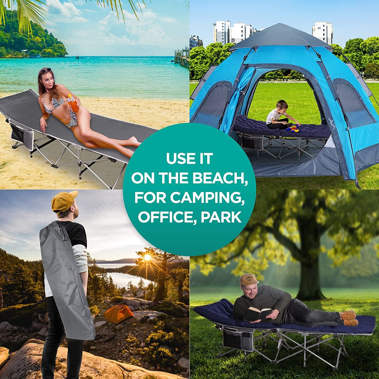 ZONETECH Folding Outdoor Camping Travel Cot and Pad - Premium Quality Lightweight Portable Heavy Duty Adult & Kids w/Large Pocket and Cushion (Gray & Blue 1-Pack)