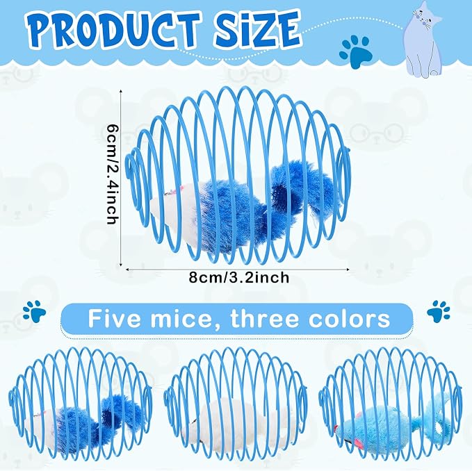 Jecery 5 Piezas Juguetes Gato Resorte, Ratón Azul Blanco miniatura 2