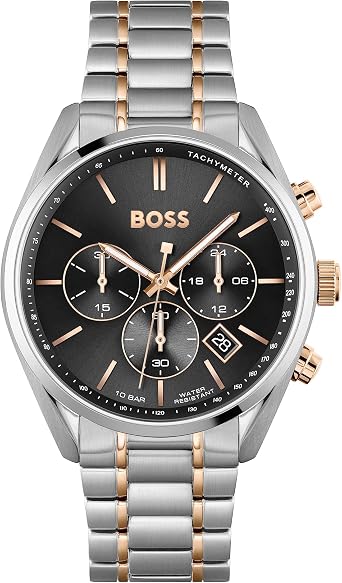 BOSS Men's 44mm Chronograph Quartz Watch Champion Collection with Stainless Steel or Leather Bracelet, Date Function, 3 Sub-Dials, 10ATM Water Resistance