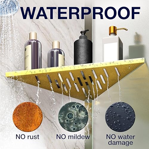 Miniatura 4 de Estante esquinero para ducha interior, adhesivo, palo, taladro, sin taladro, estantes flotantes de esquina dorada de 14 pulgadas para baño, pared de