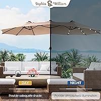 Vista 2 de Sophia & William Sombrilla de patio extragrande de 15 pies con luces solares, sombrilla rectangular para exteriores con base incluida, sombrilla