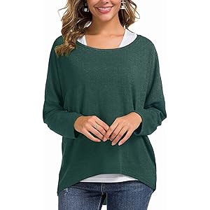 UGET Women's Oversized Baggy Tops Loose Fitting Pullover Casual Blouse T-Shirt Sweater Batwing Sleeve Medium Deep Green