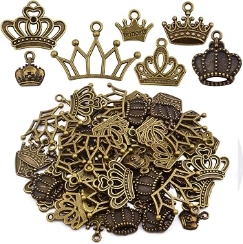 70pcs Bronze King Crown Charms Connector Vintage Alloy Queen Princess Crown Dangle Pendants Craft Supplies for DIY Necklace Bracelet Jewelry Making Decor, 7 Styles
