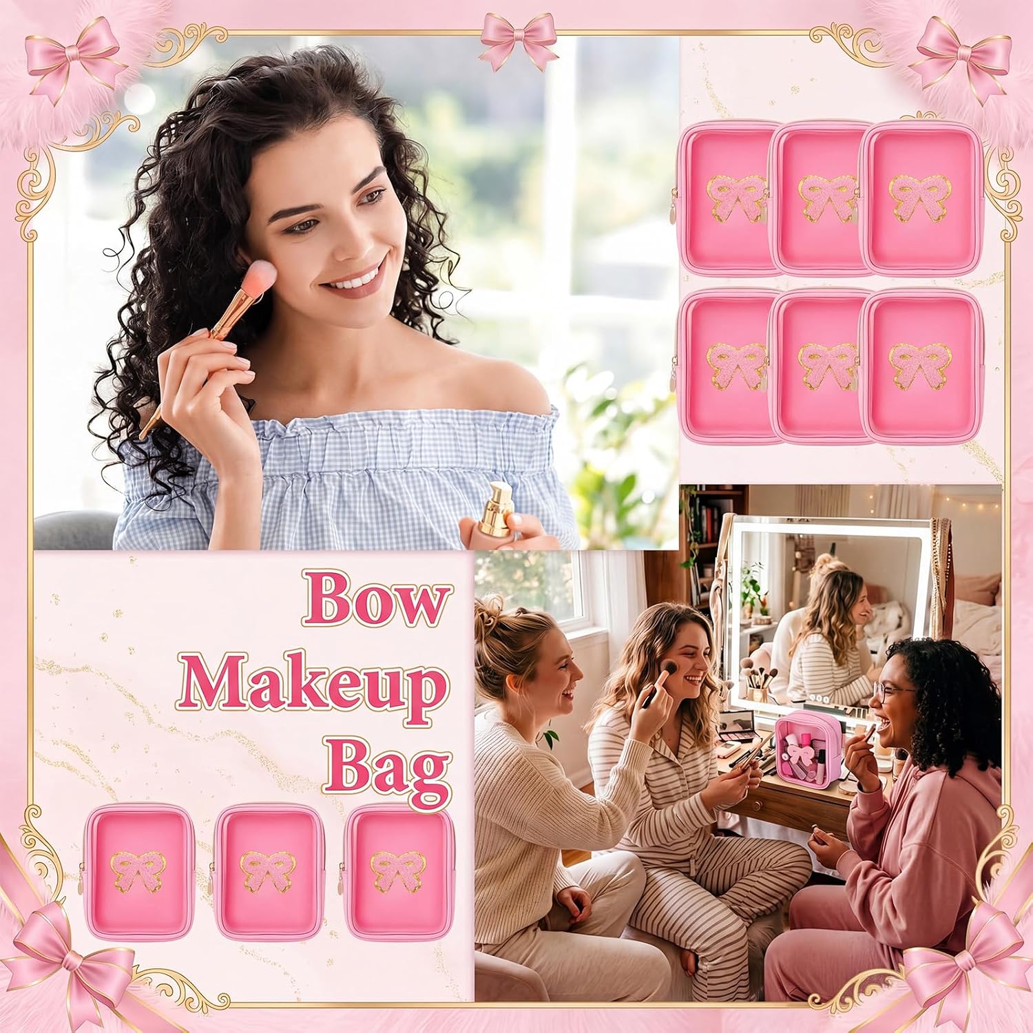 12 Pcs Pink Bow Makeup Bags, Bulk Coquette Cosmetic Bag with Zipper for Women, PVC Pink Bow Clear Makeup Bags, Travel Zipper Pouch for Bridal Shower Birthday Bachelorette for Team Stuff