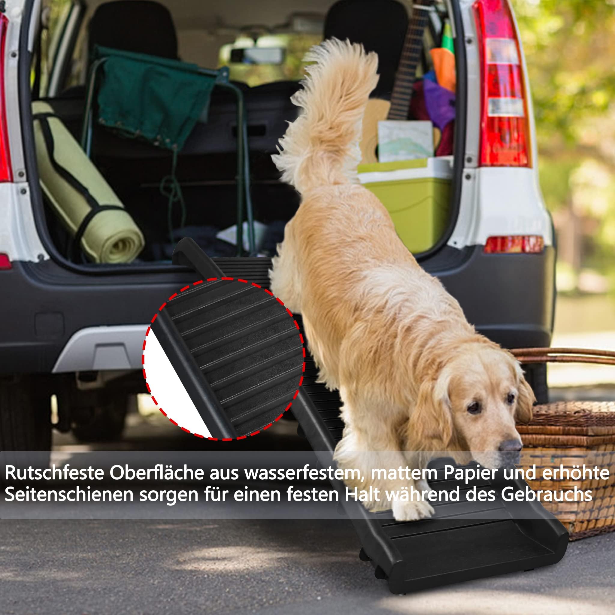 Aufun Rampa per Cani Pieghevole in Plastica per Bagagliaio per Auto Rampa per Animali Domestici Ingresso, Passerella Antiscivolo con Tampone in Gomma Fino a 90 kg, 156 x 40 cm Nero
