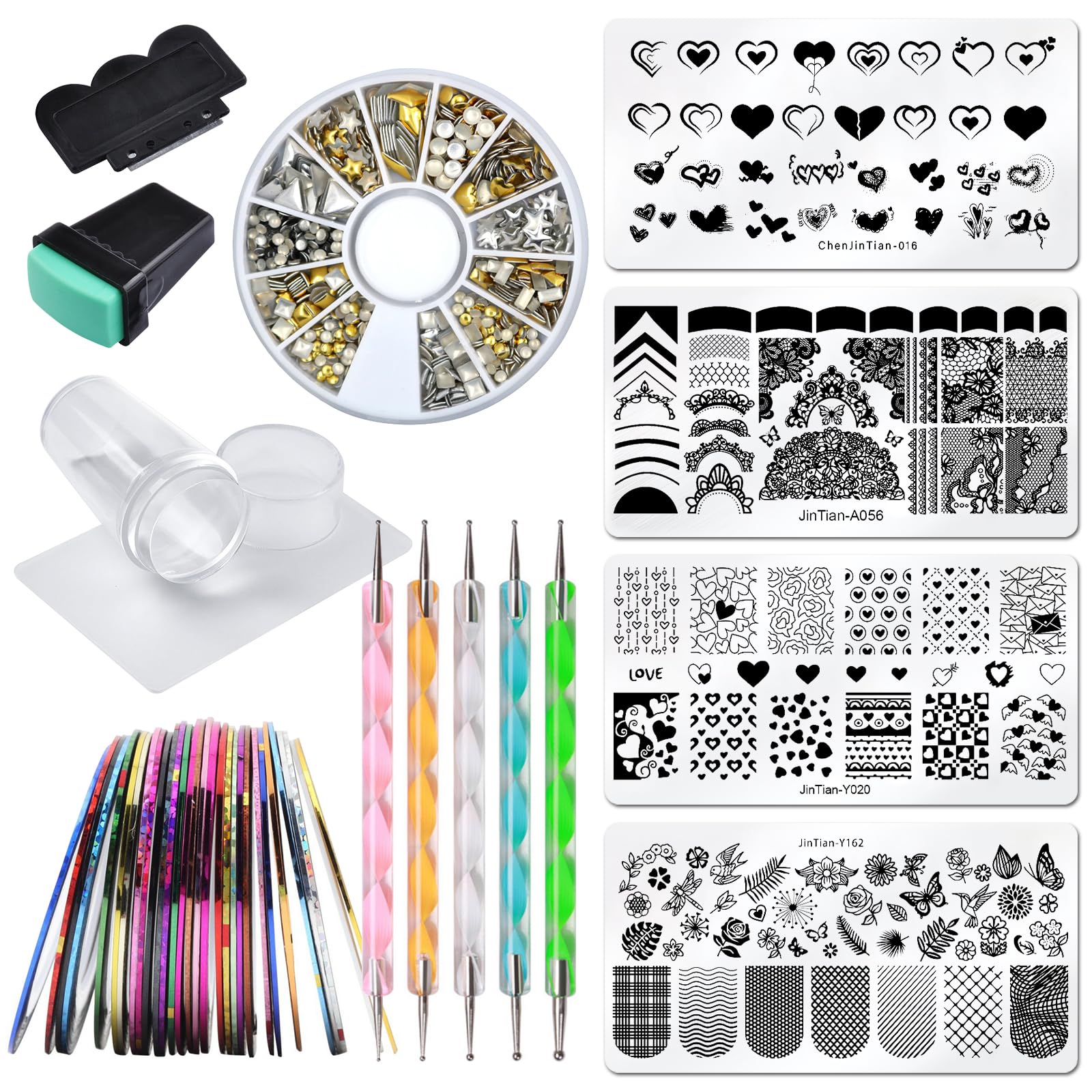 Nail Stamping Kit 4pc Heart Lace Nail Stamping Plate Butterfly Stamp Template Stencil Silicone Stamper Scraper Nail Rhinestones Decoration Mandala Dotting Pen Nails Striping Tape French Nail Tools