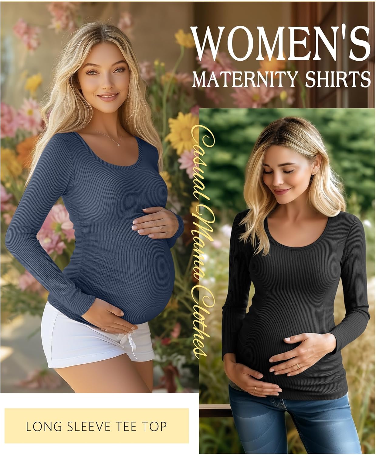 Riyiper 4 Pack Women's Maternity Shirts, Long Sleeve Cotton Ribbed Pregnancy Tee Top Crewneck Side Ruched Casual Mama Clothes - Image 3