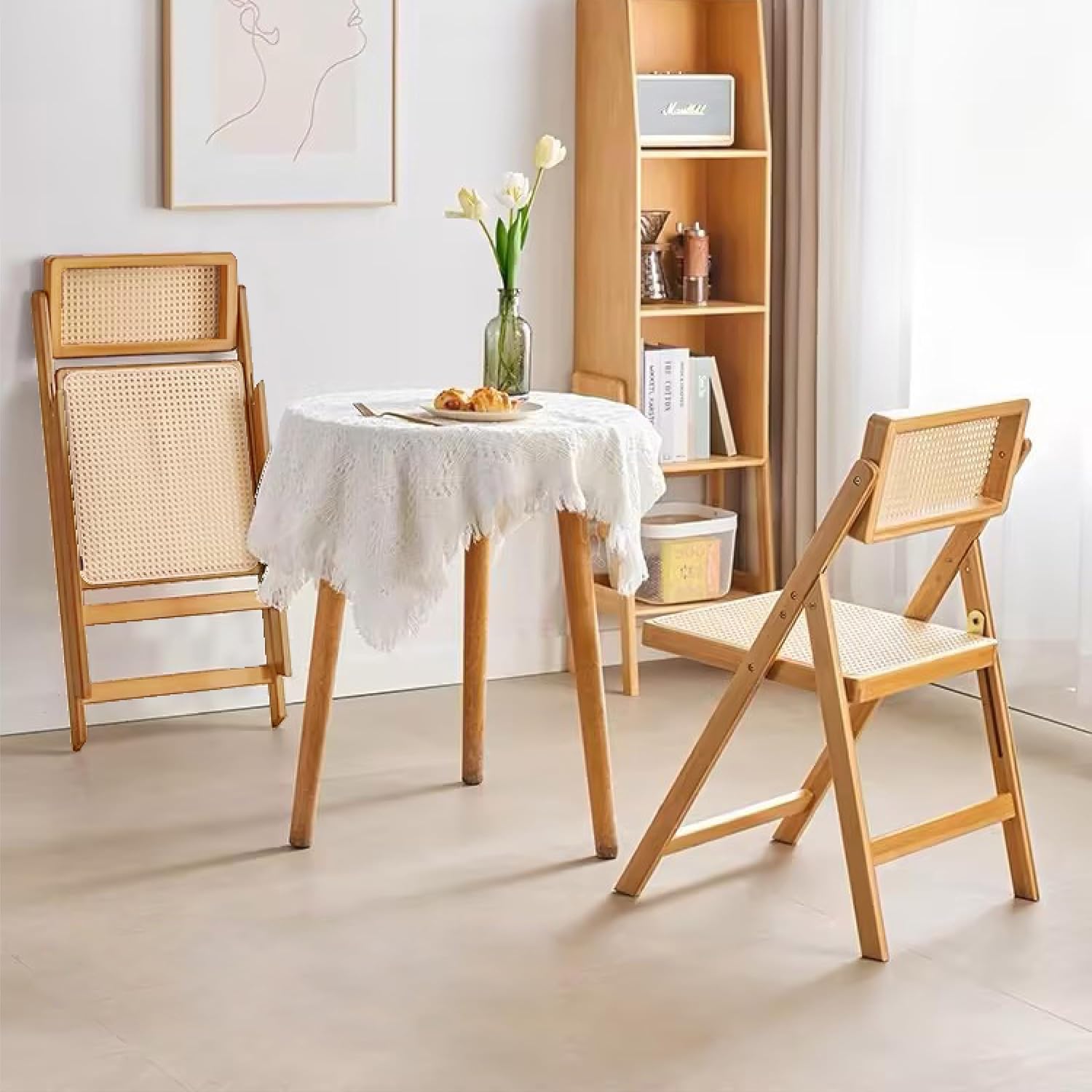 Bamboo Folding Rattan Chairs with Cane Woven Backrest & Seat, Boho Dining Chairs Modern Mid Century Armless Woven Accent Chairs for Office Bedroom, Patio, Balcony, Reading Room, Natural (2)