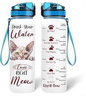 Custom Name Drink Your Water Right Meow Devon Rex Cat Lovers Personalized Water Tracker Bottle 32oz Motivational Time Marker Bottle Gift Idea for Christmas Weddings