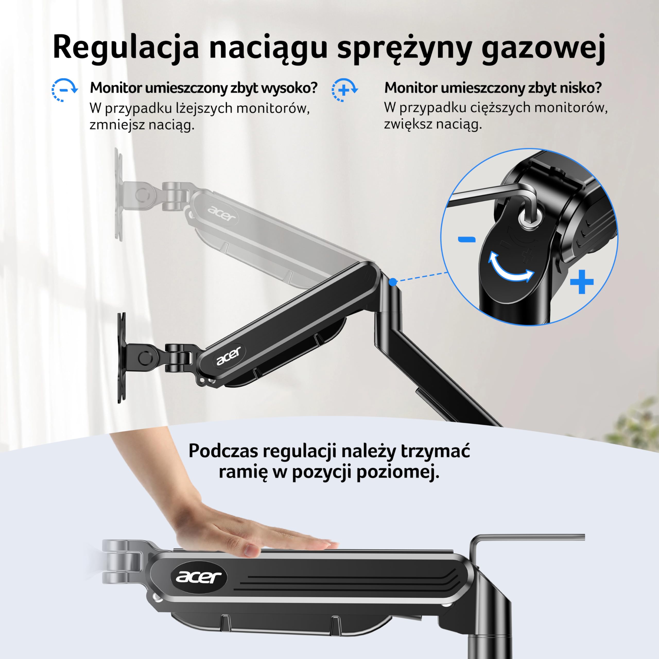 Acer Uchwyt pojedynczy monitor do 17-34 cali, Sprężyna gazowa Ramię | Obciążenie 2-9kg, Stojak regulacją wysokości z Pochylenie Obrót Obracania, VESA 75/100mm, Podstawa zaciskiem C/przelotką