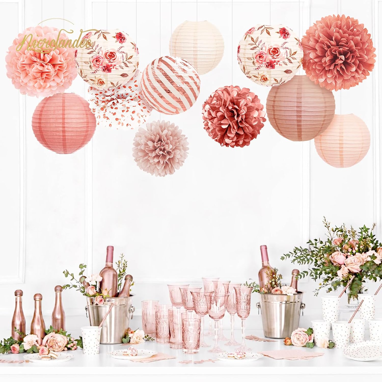 NICROLANDEE Wedding Party Decorations, 12 PCS Rose Pink Floral Paper Lanterns Tissue Pom Poms Backdrop Decoration for Pink Boho Wedding Bridal Shower Birthday Tea Party Decor image 5