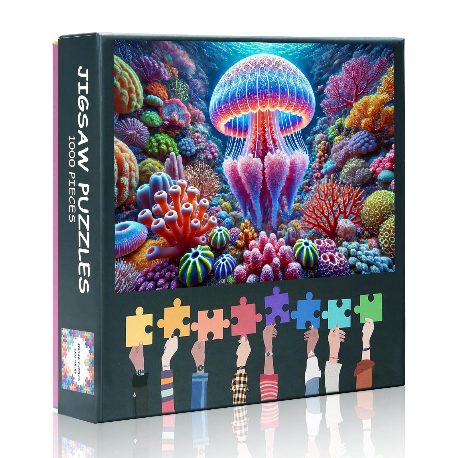 1000 Piece Jigsaw Puzzle Set: Vibrant Deep Sea Jellyfish Close-Up with Colorful Coral Reef Surroundings - Engaging and Detailed Puzzle for Adults Seeking a Challenging and Relaxing Activity
