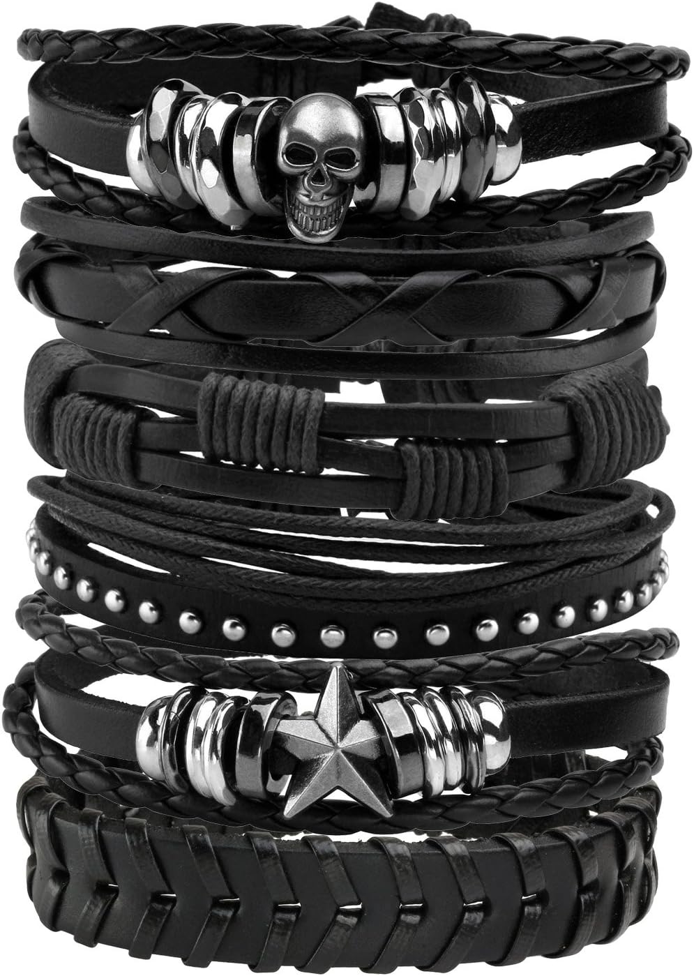 Leather Bracelet Black Brown Braided Wide Wristband Women Men Punk Jewelry Skull