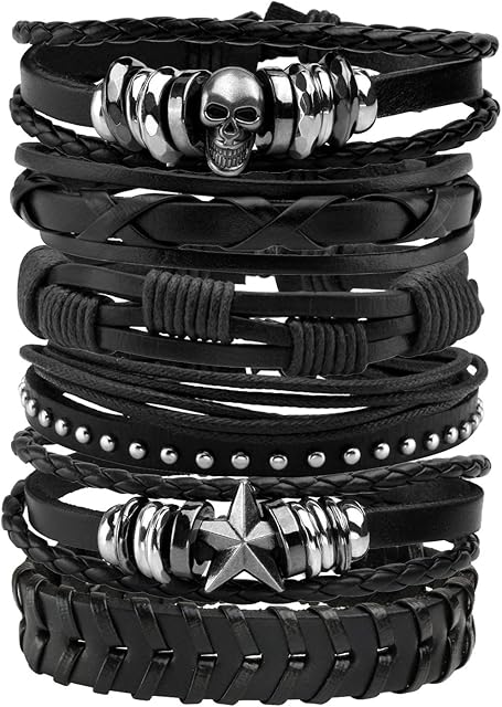 MILAKOO Leather Bracelet Black Brown Braided Wide Wristband Women Men Punk Jewelry Skull