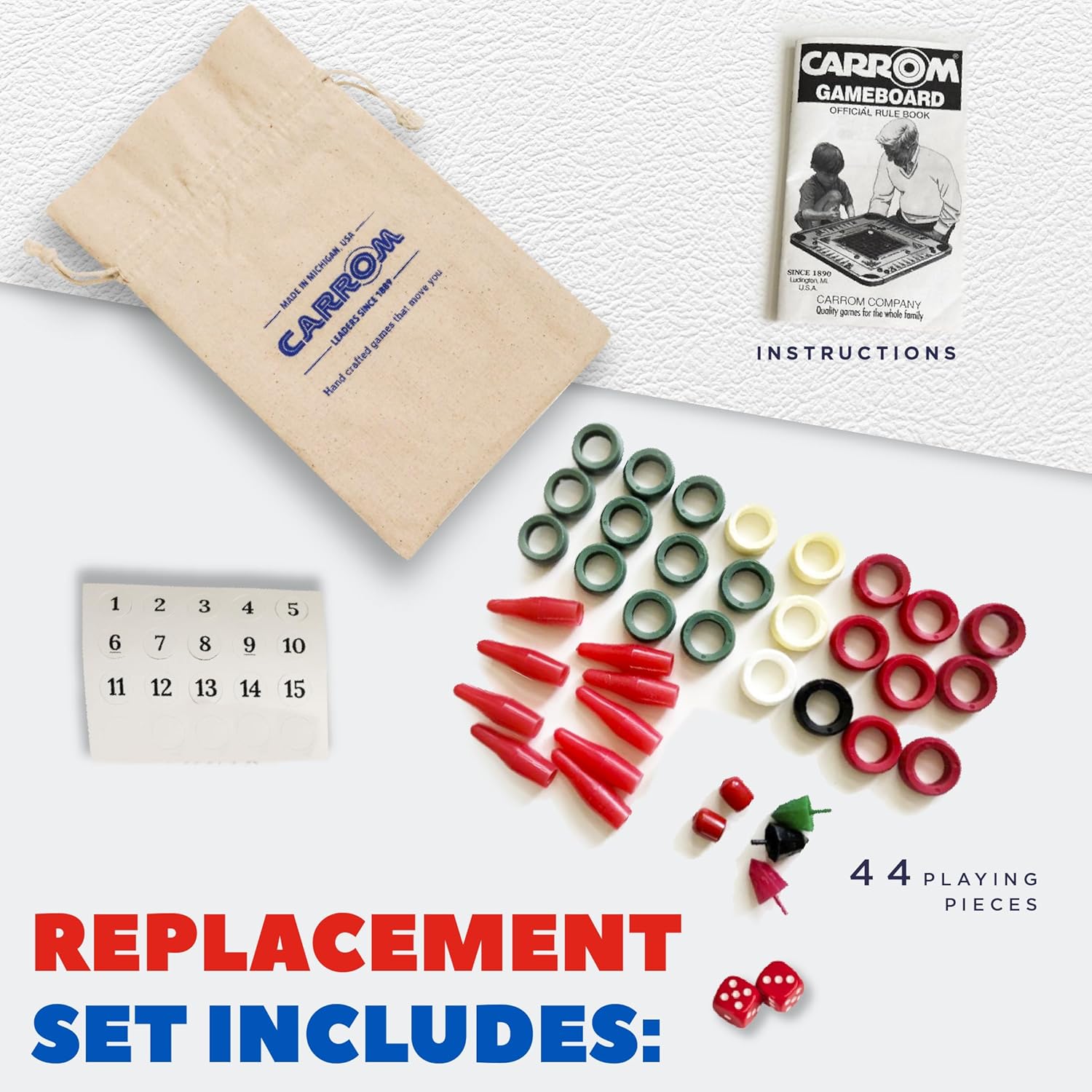 Carrom Board Equipment Set — Includes 44 Playing Pieces, Instruction Manual and Carrying Case — Extra Accessories for Board Games for Adults & Children — Durable Sports Board Game Accessories