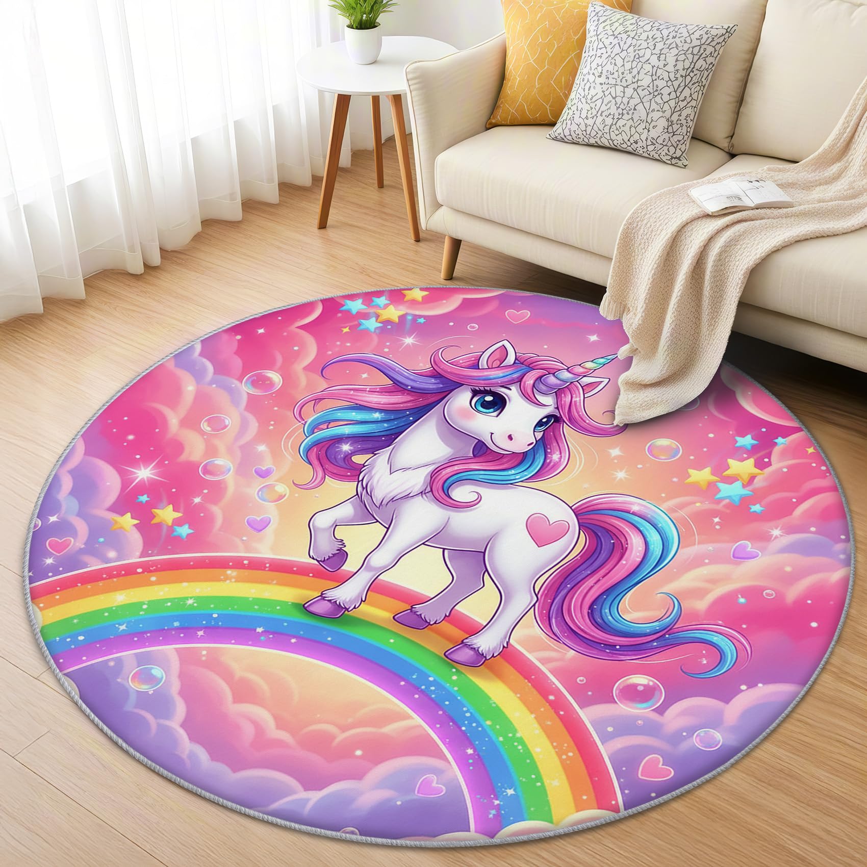 Einhorn Mädchen Teppich Rund 120cm Kurzflor - Waschbare Teppiche Wohnzimmer Rosa Einhorn Motiv Regenbogen Wolken - Runder Teppich 120 Durchmesser - Bettvorleger Schlafzimmer rutschfest