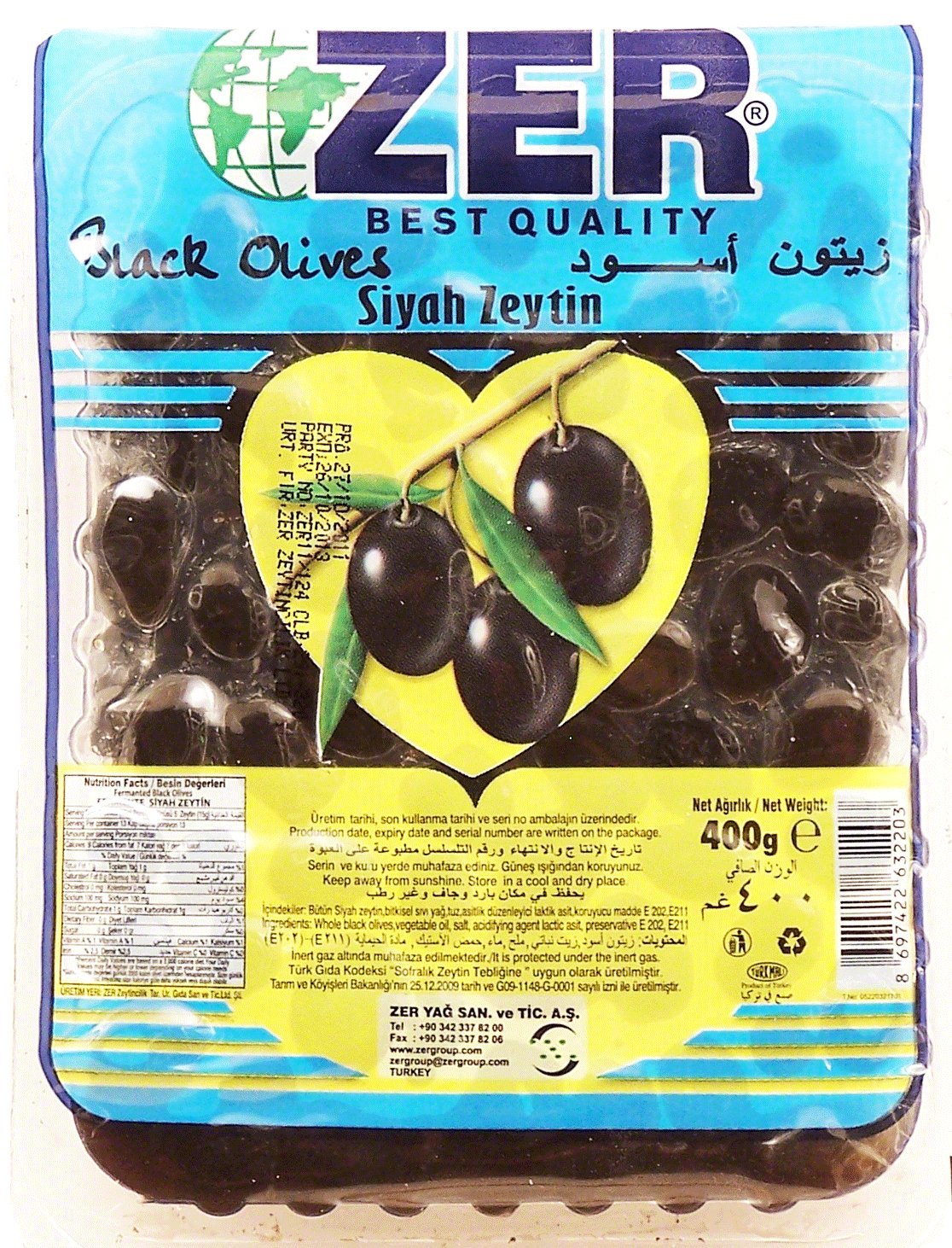 ZER black olives, Siyah Zeytin, vacuum tray, 400grams Black Olives Produce