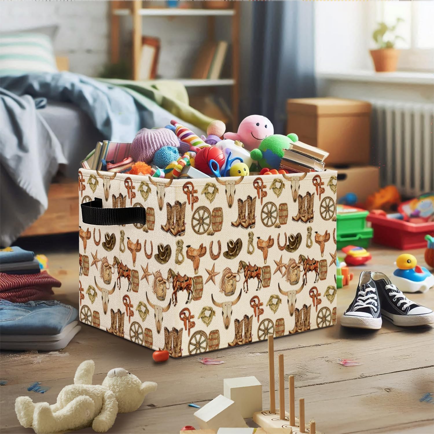 Western Cowboy Storage Bins,Western Themed Collapsible Storage Basket Organizer for Kids Girls Bedroom Bathroom Clothes Toys Books, Toybox for Girls