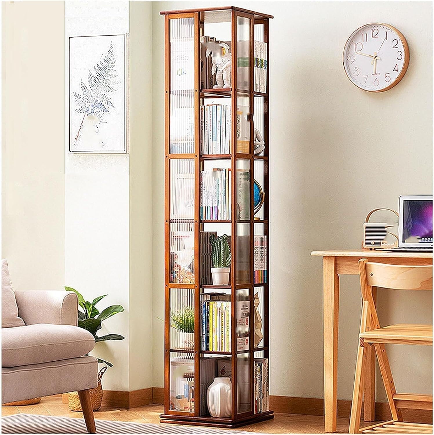 Lshtshf-Ou Walnut Revolving Bookcase 360° Rotating Bookshelf Display Narrow Swivel Corner Book Shelf Standing(,6 Th Floor-Tier)