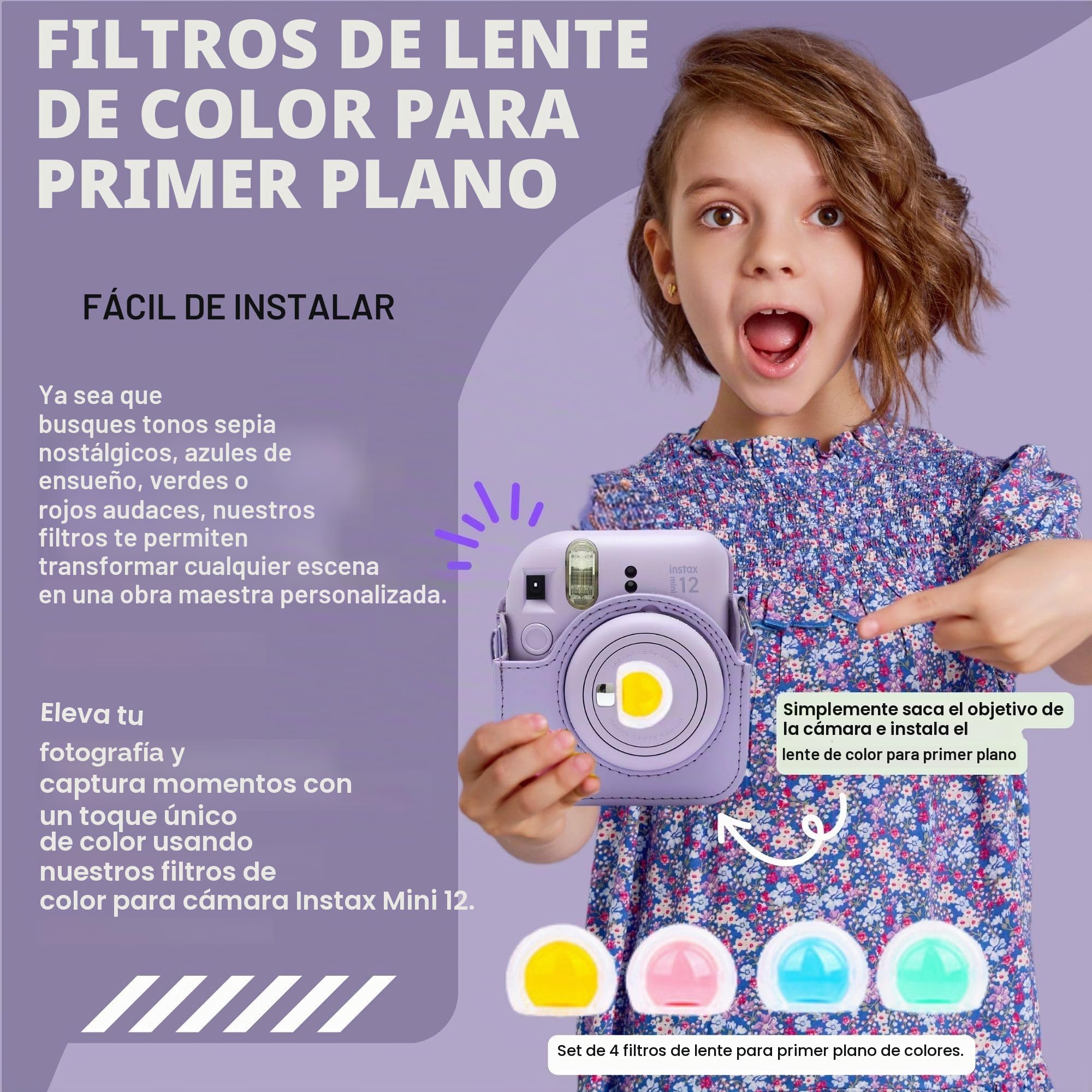Paquete de cámara instantánea Clikoze con cámara Fujifilm Mini 12 morado lila, película Fujifilm Mini de 40 disparos, estuche Clikoze Mini 12, álbum en miniatura, pegatinas de película, filtros de