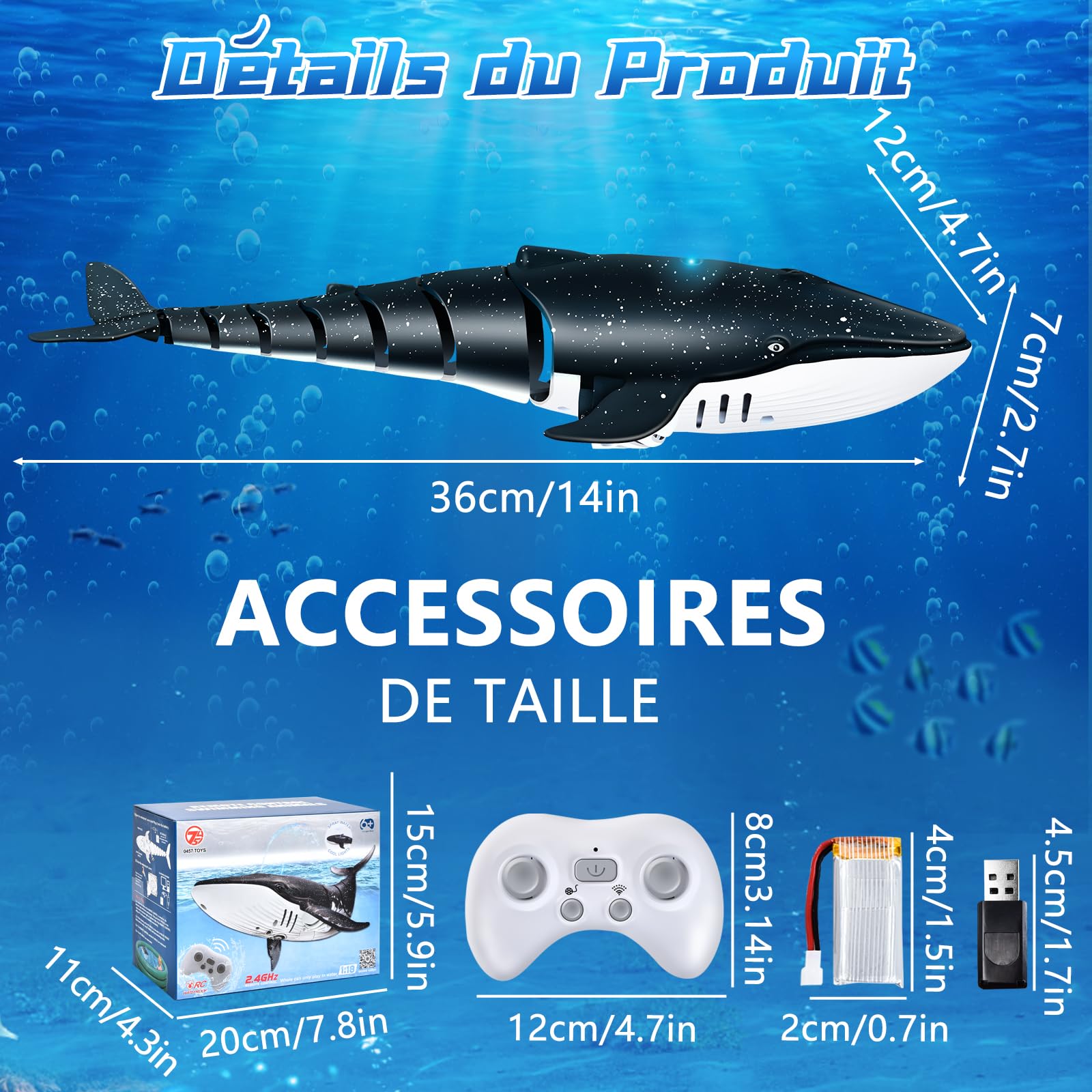 IEEILULU Baleine Télécommandée 2.4 GHz USB, Jouet RC Piscine Lac - Cadeau Garçons Filles 6+