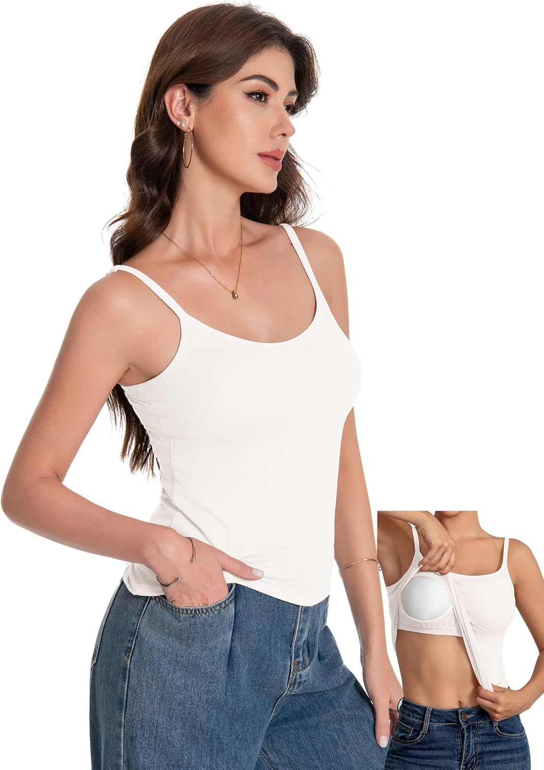 Women Camisole Tank Top - Built-in Bra Adjustable Spaghetti Strap Scoop Neck Padded Casual Basic Cami Shirt