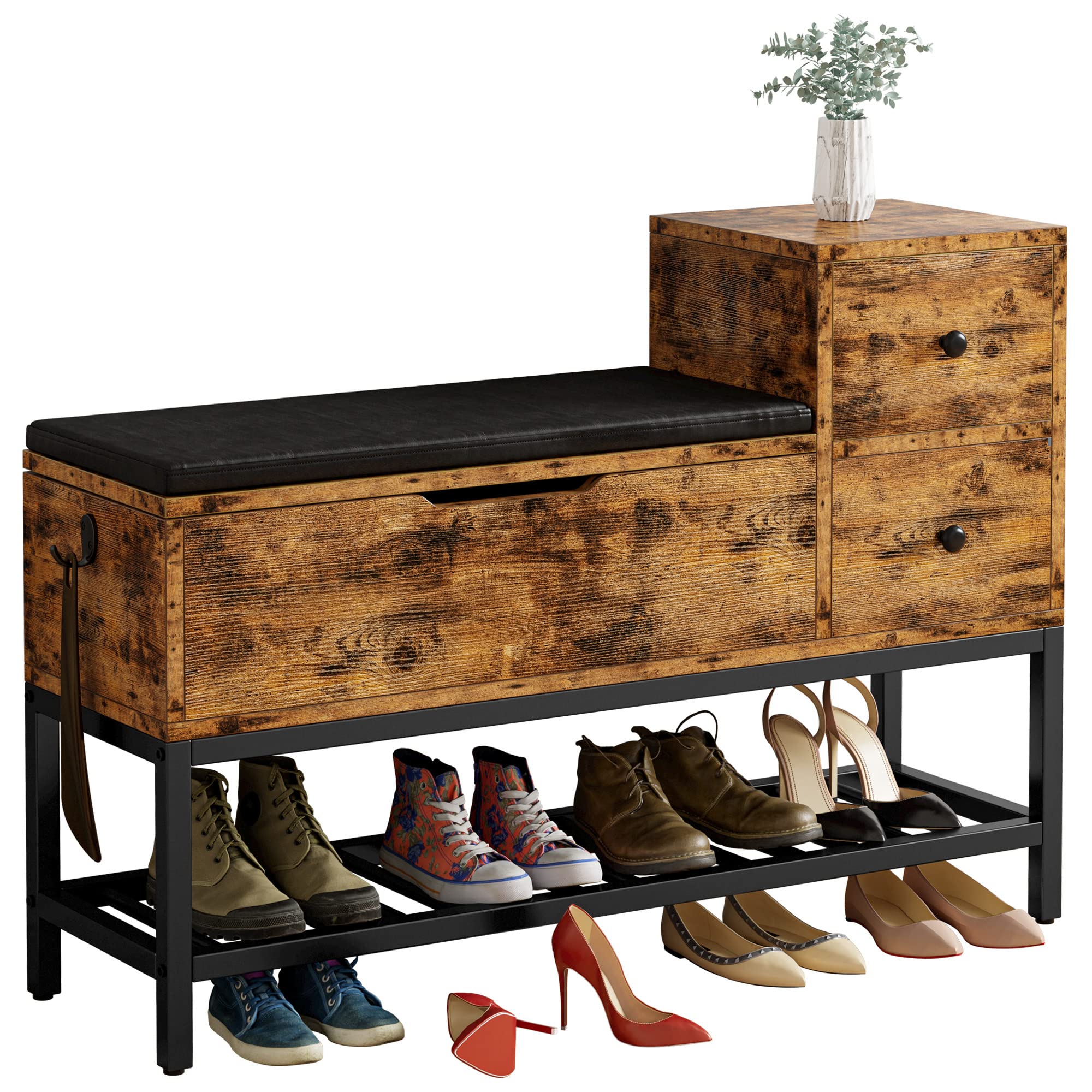 Open flip-top storage box with items inside