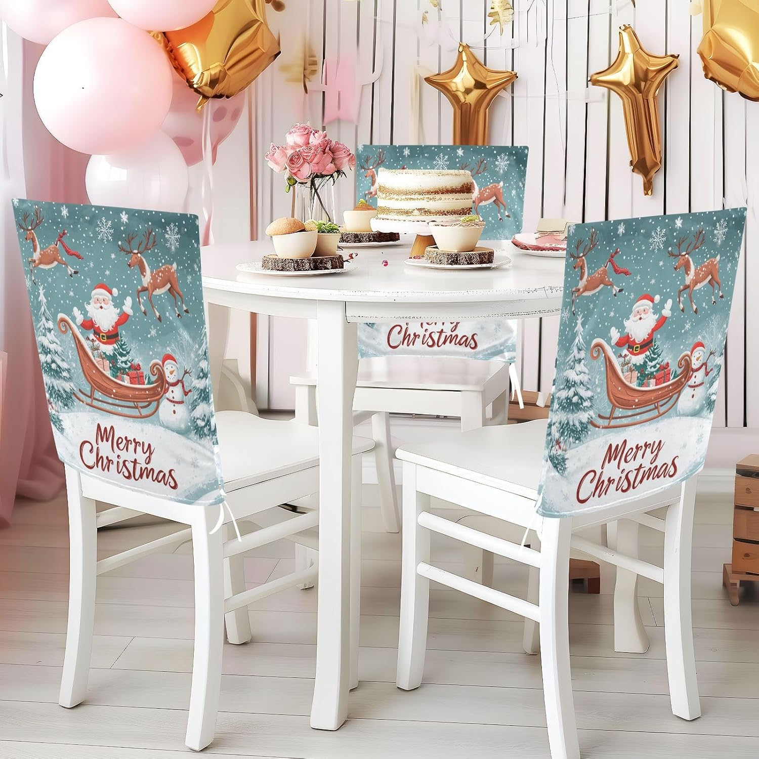 MNSRUU Christmas Chair Back Cover for Dining Room,Santa Claus Chair Slipcovers Set of 6, Snowman Chair Cover for Kitchen Hotel Holiday Party Decor,148