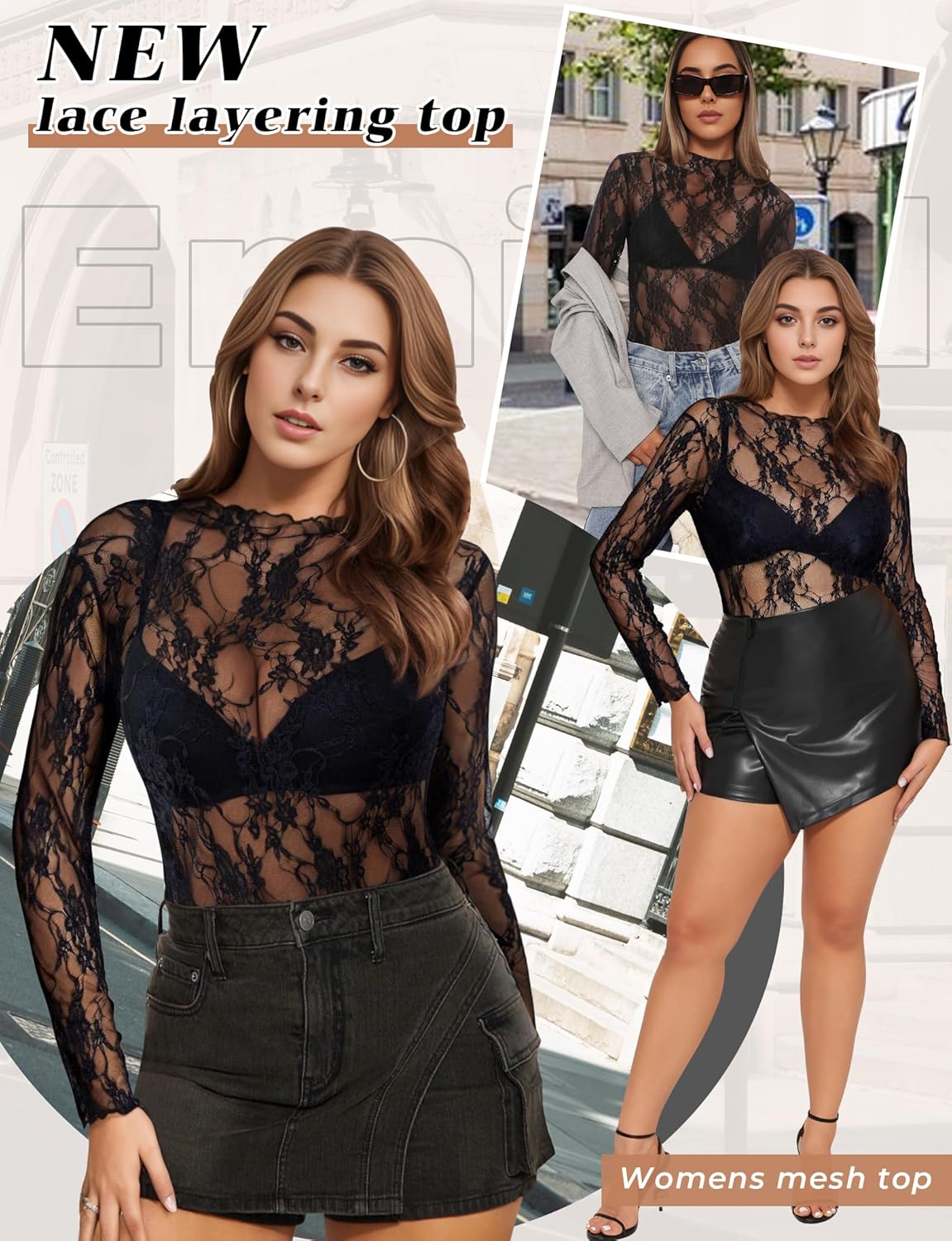 Buauty Women's Lace Long Sleeve Tops, Mock Neck Sheer Mesh Top, See Through Floral Lace Tops, Party Club Night Blouse Shirts - Image 5