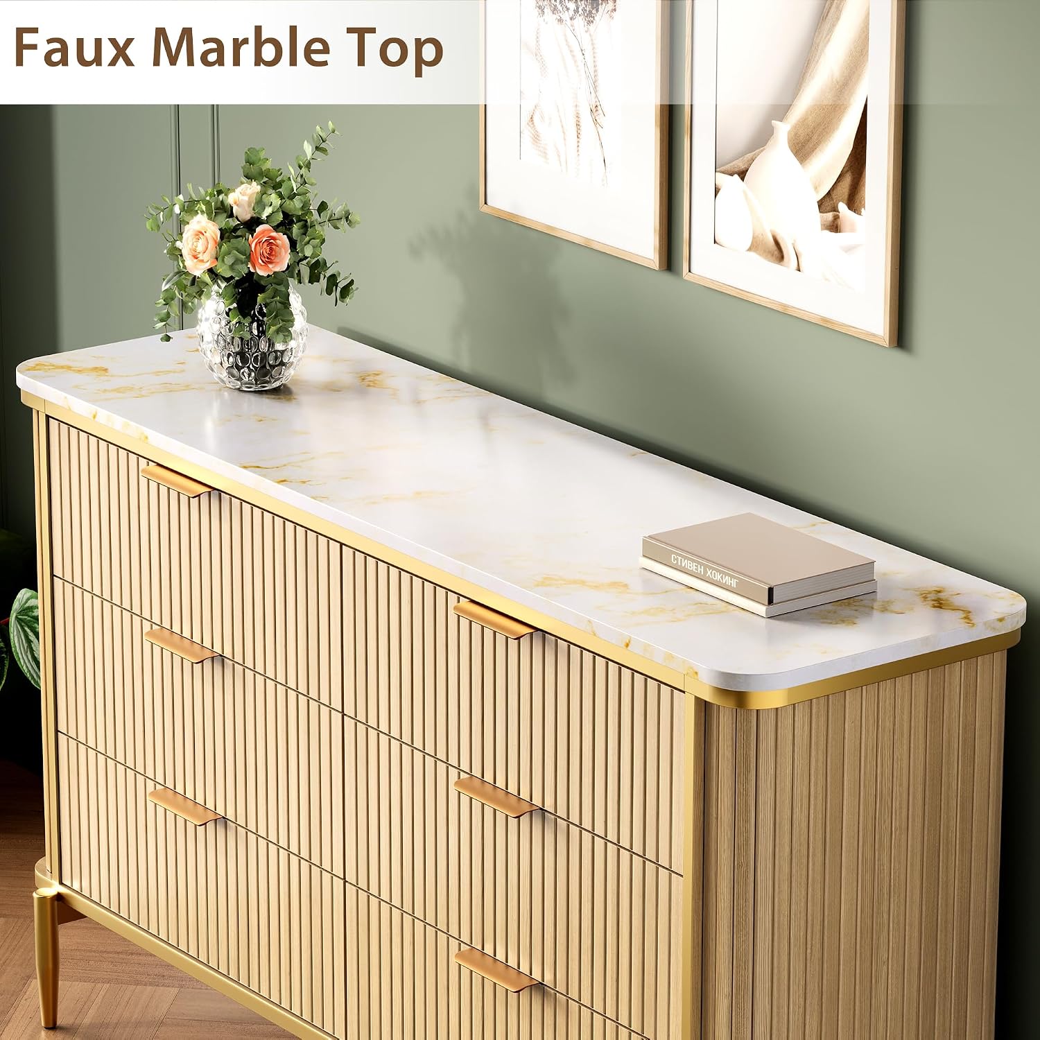 Fluted 6 Drawers Dresser for Bedroom, 55" Wide Modern Vertical Chest with Faux Marble Top, Dresser TV Stand, Wood Drawer Organizer for Living Room, Hallway