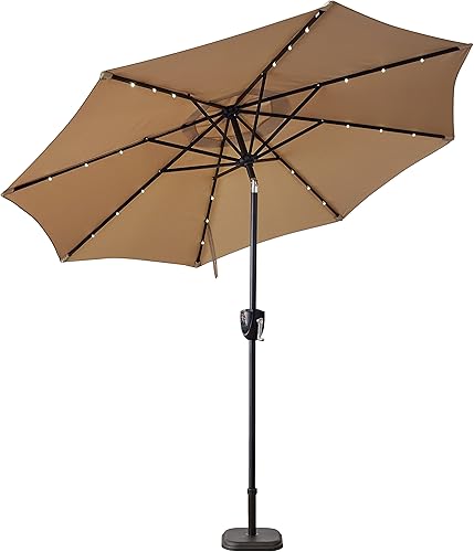 Sun-Ray 811040 Paraguas solar redondo con altavoz Bluetooth de 9 pies, 24 luces LED, manivela e inclinación, marco de aluminio, gris pardobeige disponible en Yaxa Peru