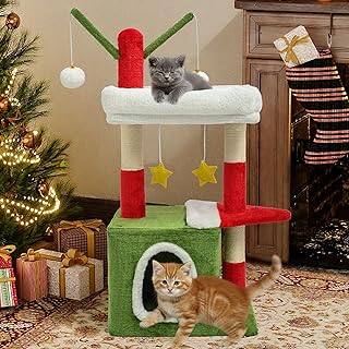 BYBYME 32" Christmas Cat Tree, Christmas Party Decoration for Cats, Sturdy Cat Furniture Set