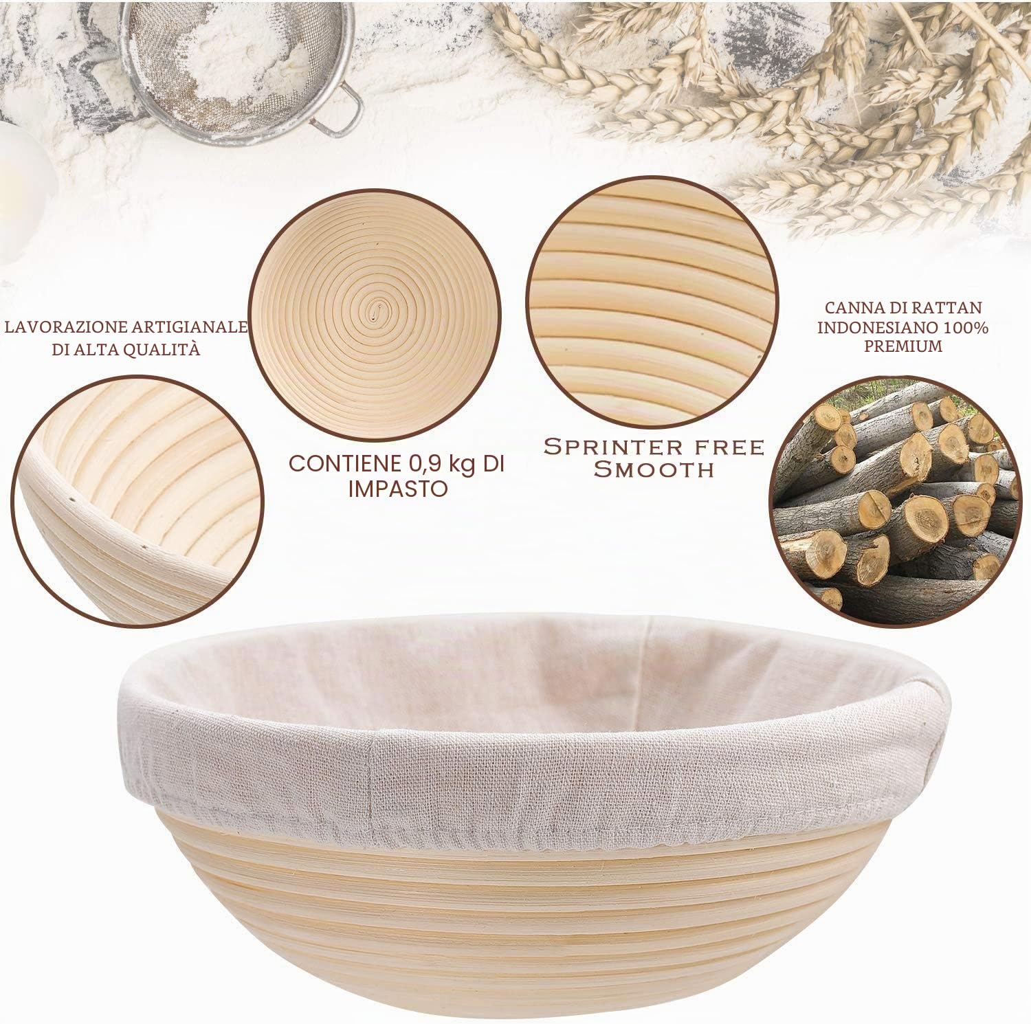 YAANI Cestino per Lievitazione del Pane Set di 2 Rotondi e Ovali, Cestino per Lievitazione Banneton + Frusta per Impasto + Lame per Pane + Raschietto per Impasto + Raschietto Flessibile Regalo