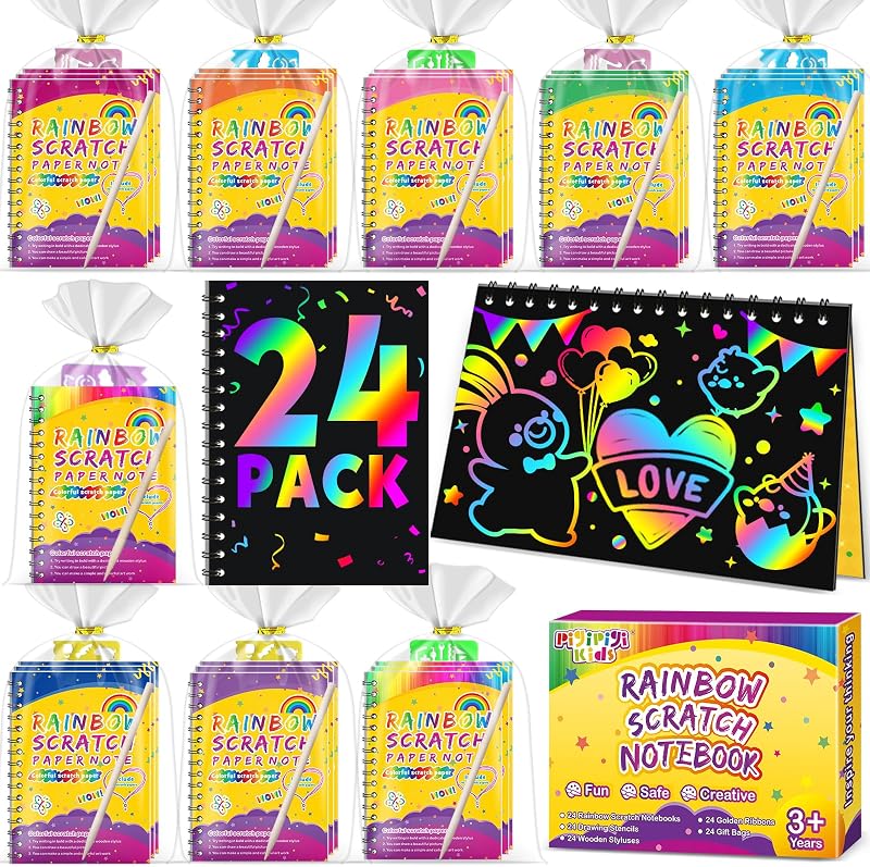 Party Favors for Kids 4-8-12: 24 Pack Scratch Rainbow Art Crafts Notebook | Coloring Book Goodie Bags Stuffers Kit, Bulk Birthday Gift Classroom Prizes Girl Boy Toddler