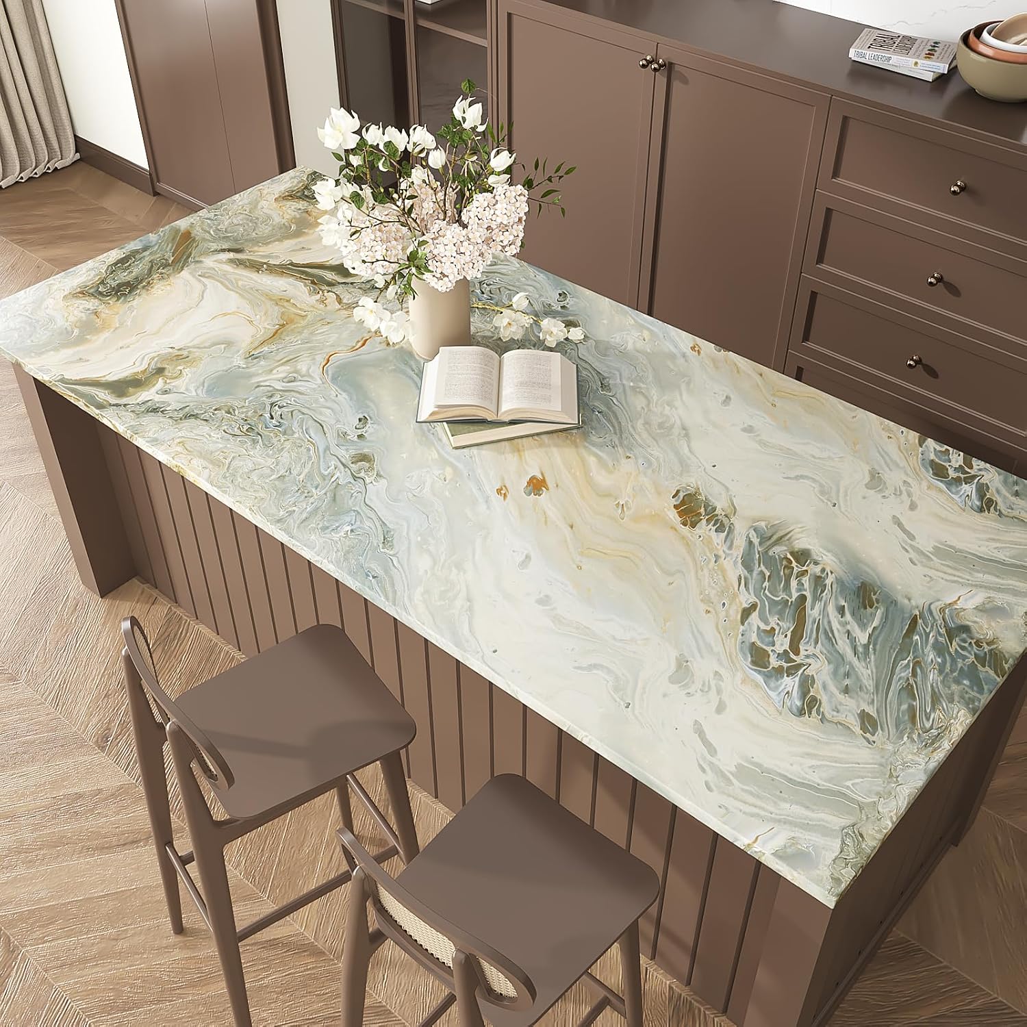 VEELIKE Abstract Liquid Marble Countertop Contact Paper Waterproof Peel and Stick Countertops 15.7''x354'' Matte Teal Gold Marble Contact Paper for Counter Top Wallpaper for Kitchen Bathroom Desk