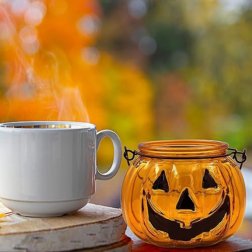 Miniatura 8 de Juego de 4 portavelas de Halloween, candelabros votivos de SHMILMH con mueca, metal colgante de calabaza Jack O Lanterns, decoración de Halloween,