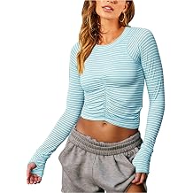 Vivitulip Women's Striped Crop Top Long Sleeve Ruched Slim Fit Gym Shirt with Thumbholes Crew Neck Basic Summer Tee