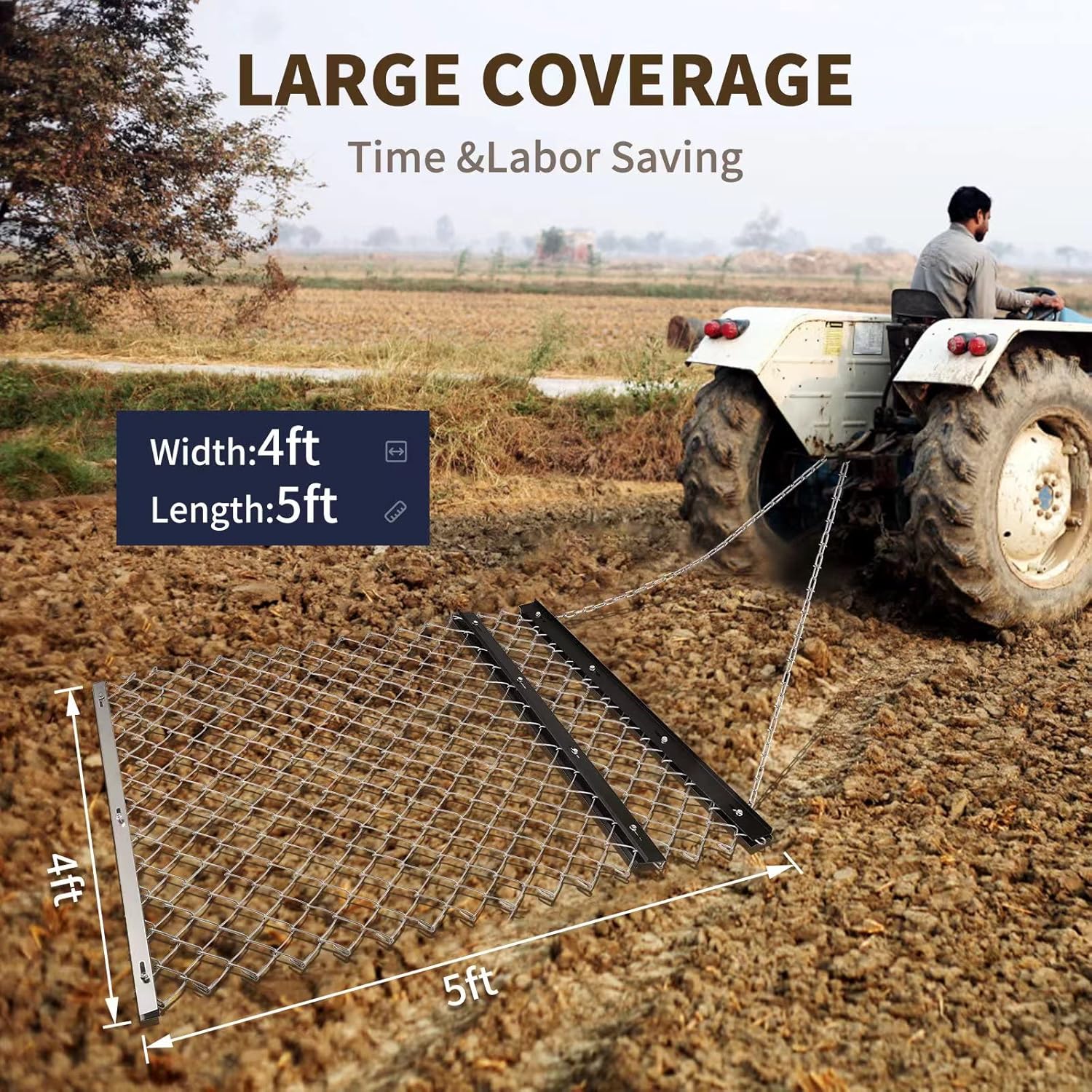 TMEE 4' x 5'ATV Drag Harrow,UTV Tractor Attachment,Chain Harrow for Landscape Leveling or Sod Prepping,Durable Harrow Rake for Gravel Driveway, Farm Field Garden Black