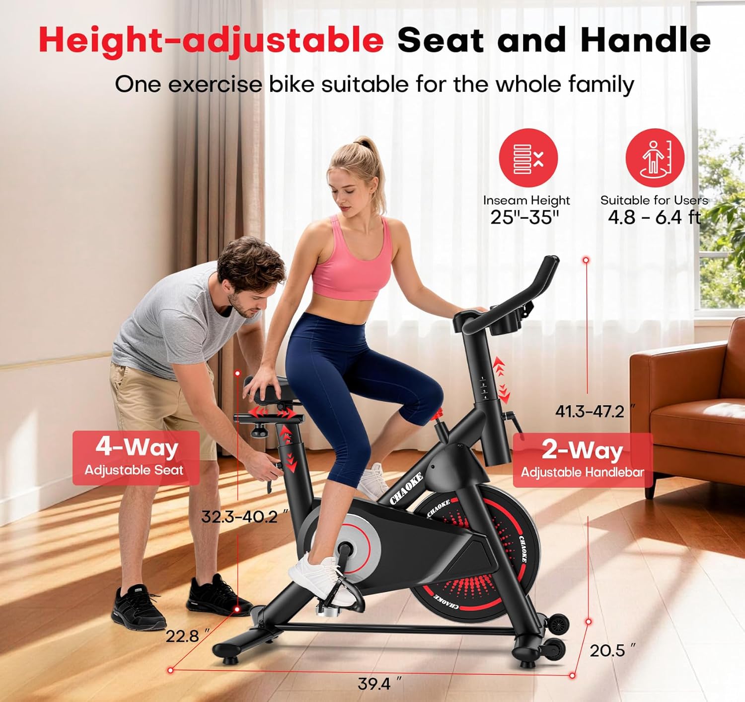 CHAOKE Exercise Bike, Quiet Adjustable Magnetic Stationary Bike for Home Cardio with App Compatible, 350LB Weight Capacity Indoor Cycling Bike with Large Seat, Dumbbell Rack, Pull Cords & LCD Display - Image 7