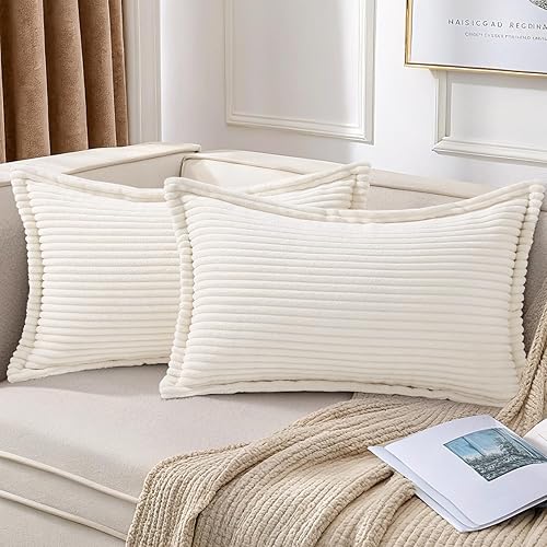 Mecatny Juego de 2 fundas de almohada de pana de 12 x 20 pulgadas, fundas de almohada a rayas con borde ancho para sala de estar, cama, fundas
