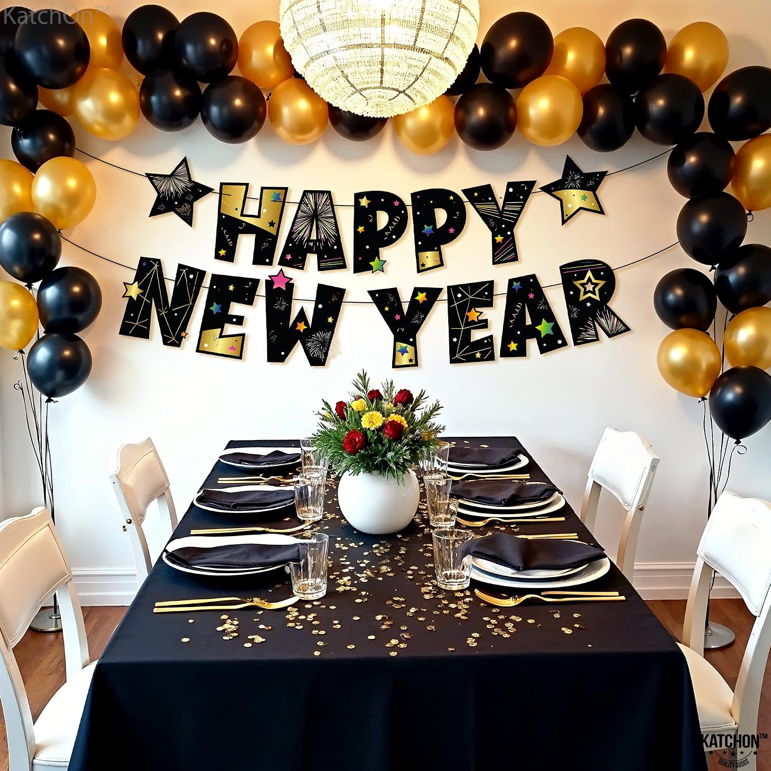 KatchOn, Gold & Black Happy New Year Banner - Large 10 Feet, Pre-Strung | Happy New Year Backdrop, New Years Eve Party Supplies 2026 | Happy New Years Decorations 2026 | NYE Decorations 2026