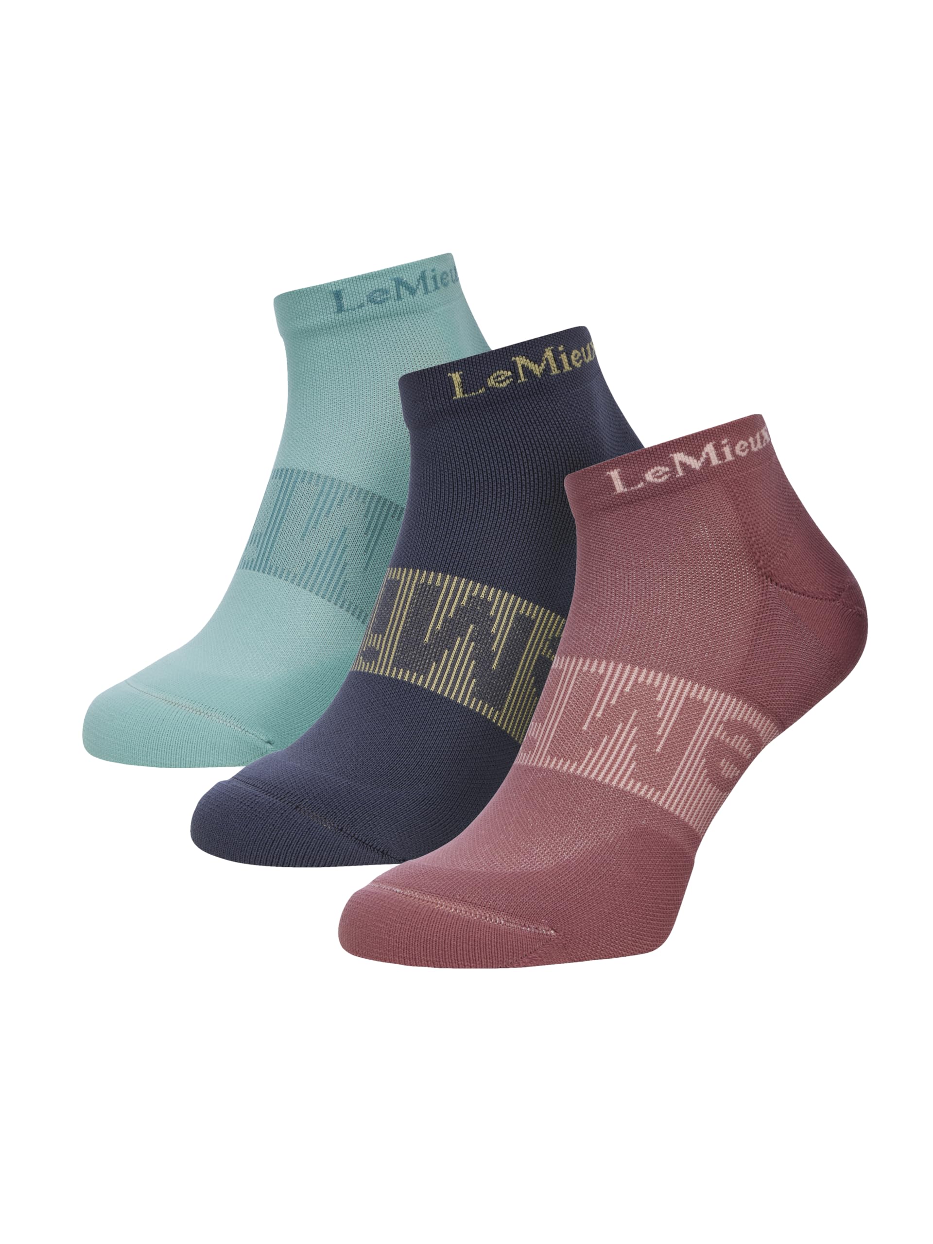 LeMieux Trainer Socks 3 Pack - Padded Heel and Toe - Arch Support - Rosewood/Dusk/Aqua - Small - UK 12.5-3.5