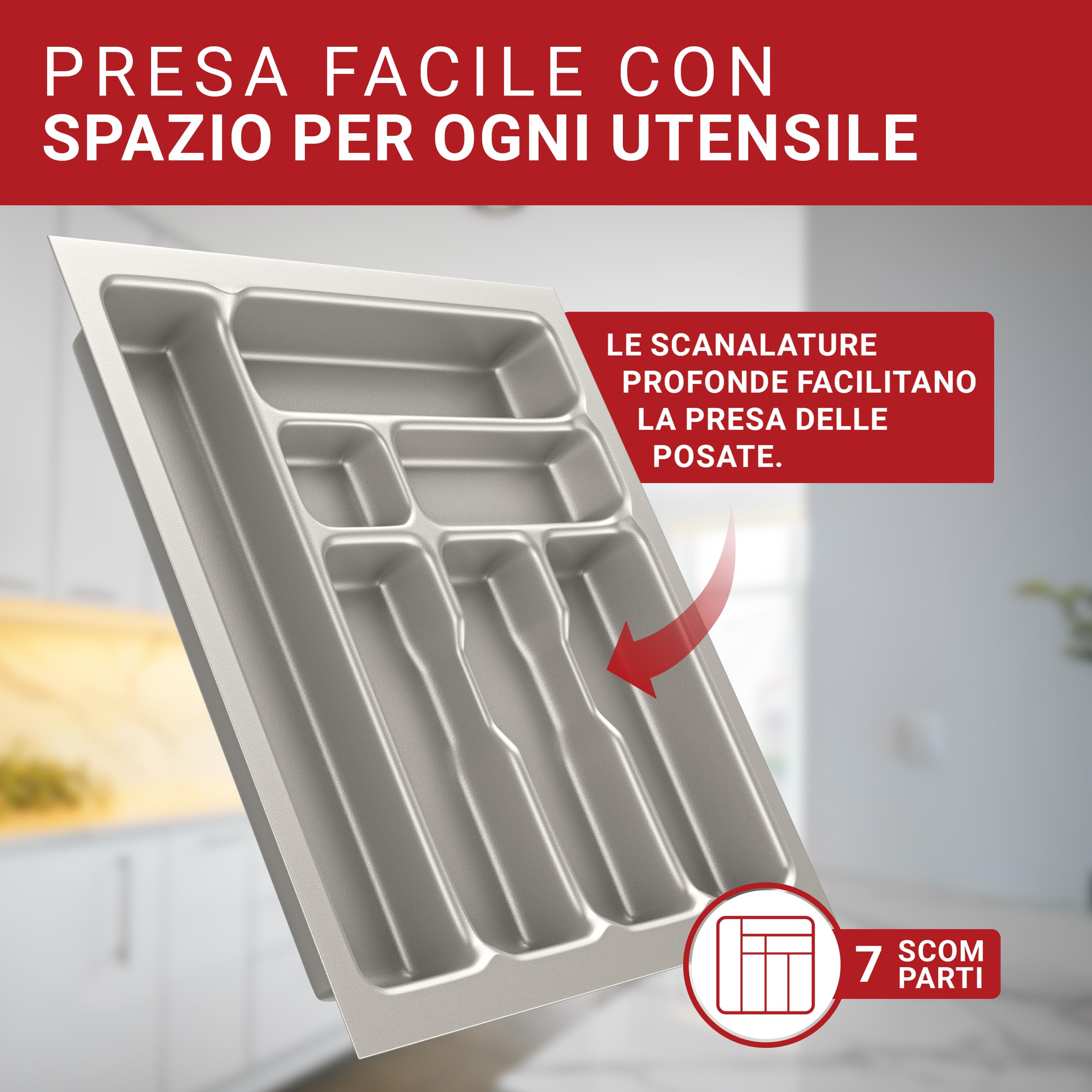 LouMaxx Portaposate per cassetti larghi cm, portaposate cm, prodotto in Germania, grigio con scomparti e angoli stabili, infrangibile e durevole (grigio argento, 47,3 x 42,6 cm - 7 scomparti)