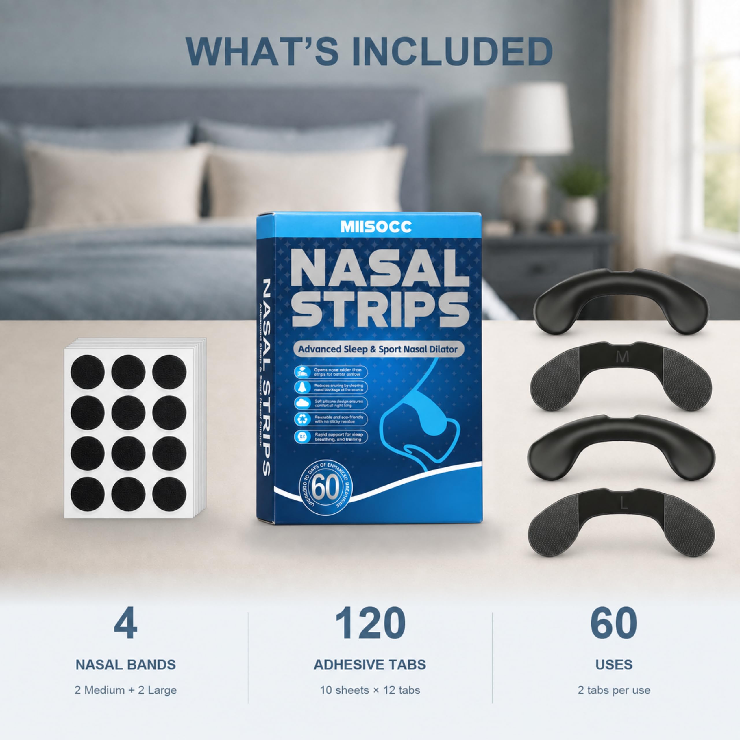 Reusable Nasal Strips for Breathing and Snoring, 4 Bands (2 M + 2 L) and 120 Adhesive Tabs, 60 Uses — Amazon image 2
