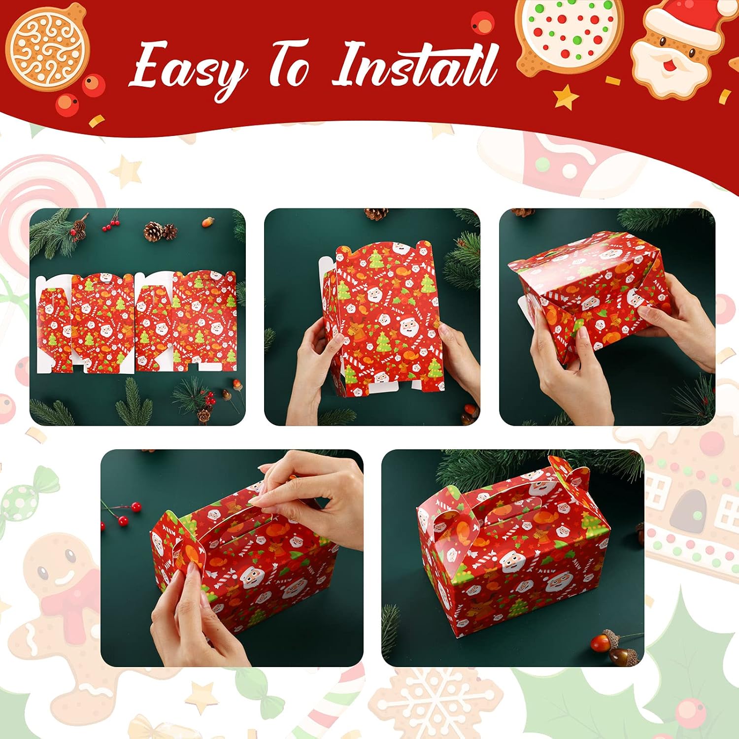 Clabby 24 Pcs Christmas Treat Boxes with Handles 3D Christmas Cookie Gift Boxes Cardboard Goodie Candy Bags Xmas Santa Elf Snowman Elk Gingerbread Holiday Party Favor Supplies, 4 Design(Novelty Style) - Image 7