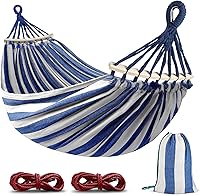 MOSFiATA Portable Camping Hammock: 550lb Capacity, Anti-Roll Bars, Thick 320G Canvas & Tree Straps for Outdoor Relaxation (Blue White)