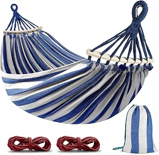 MOSFiATA Portable Camping Hammock 550lb Anti-Roll Canvas with Balance Beams Tree Straps Blue White
